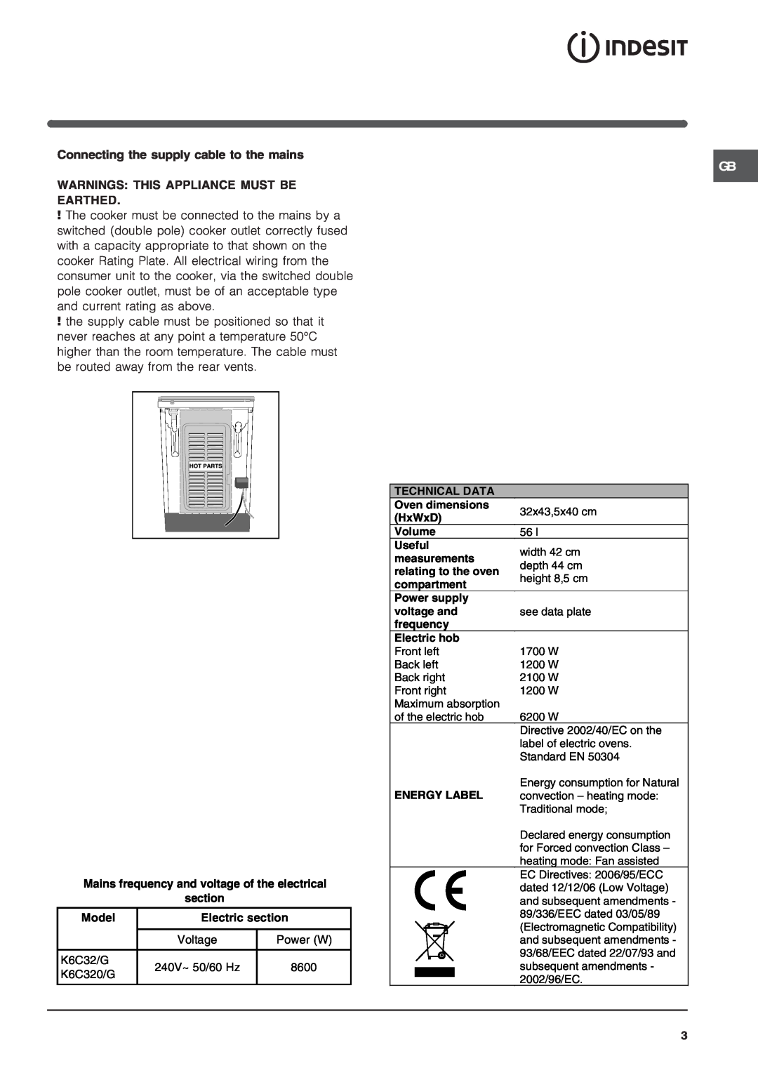 Indesit K6C32/G operating instructions Connecting the supply cable to the mains 