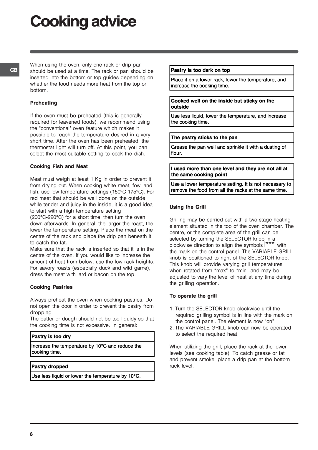 Indesit K6C32/G operating instructions Cooking advice 