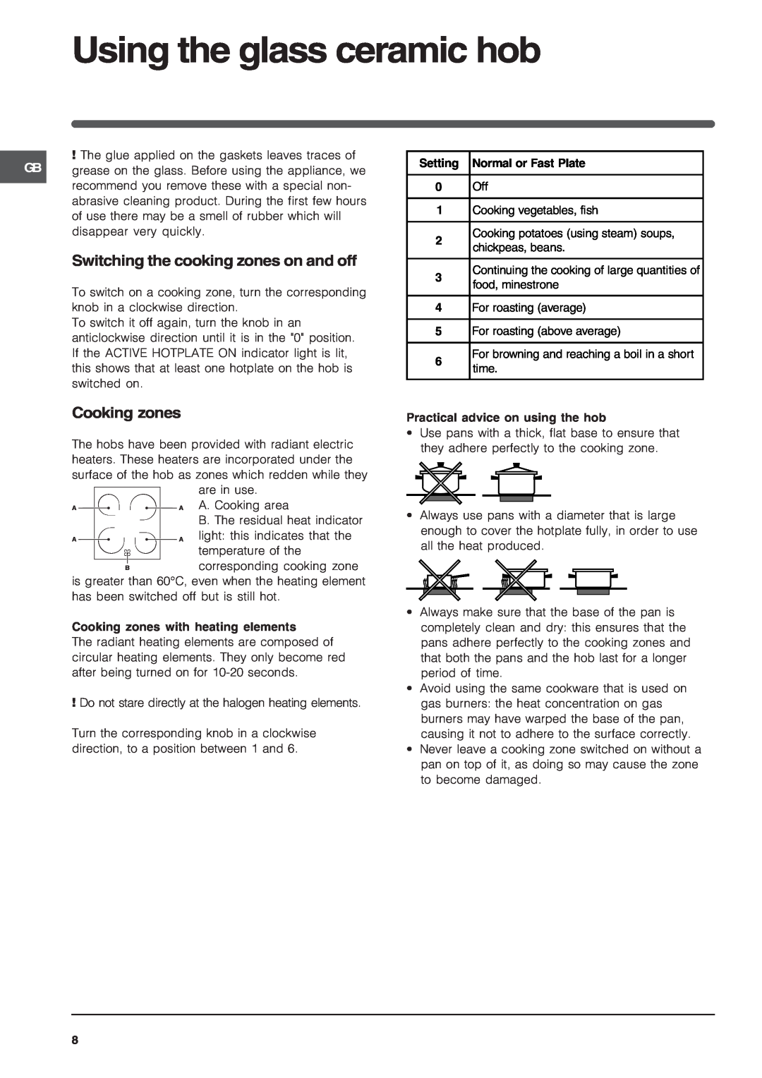 Indesit K6C32/G operating instructions Using the glass ceramic hob, Switching the cooking zones on and off, Cooking zones 