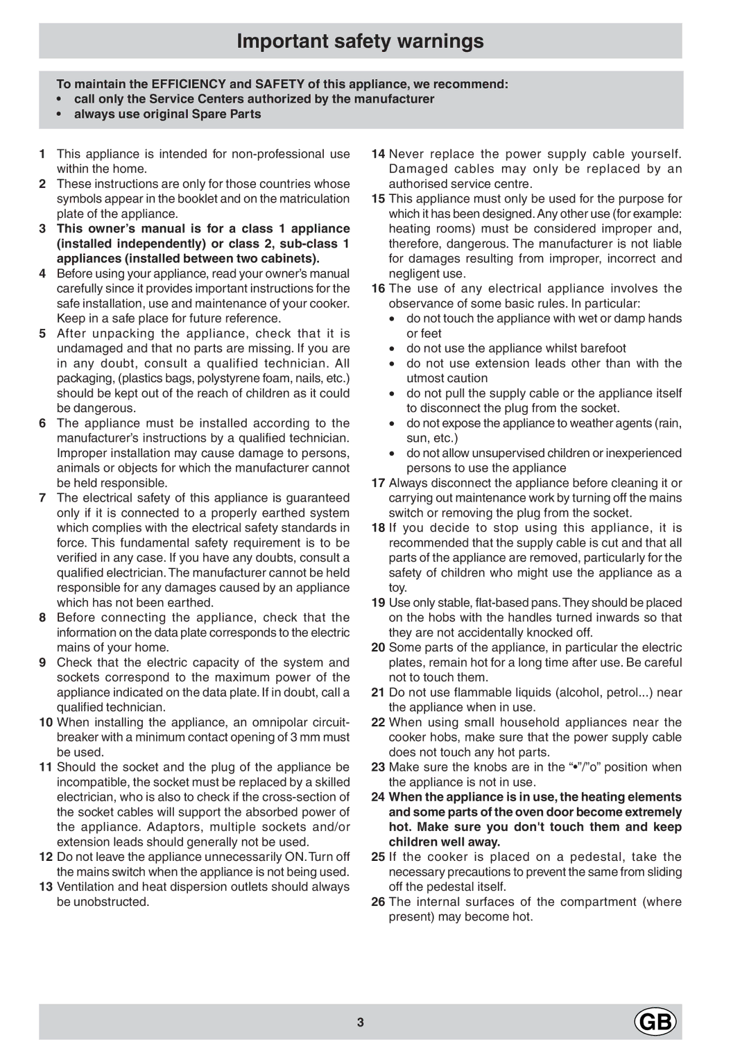 Indesit K6E32/G manual Important safety warnings 