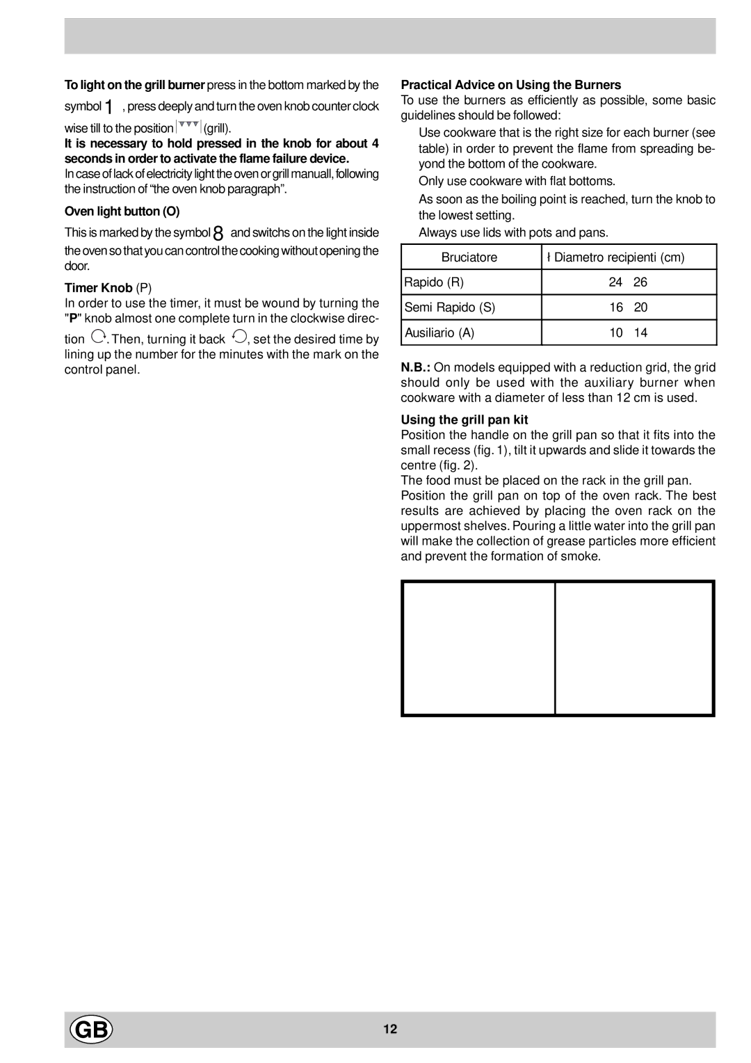 Indesit K6G21/G manual Oven light button O, Timer Knob P, Practical Advice on Using the Burners, Using the grill pan kit 