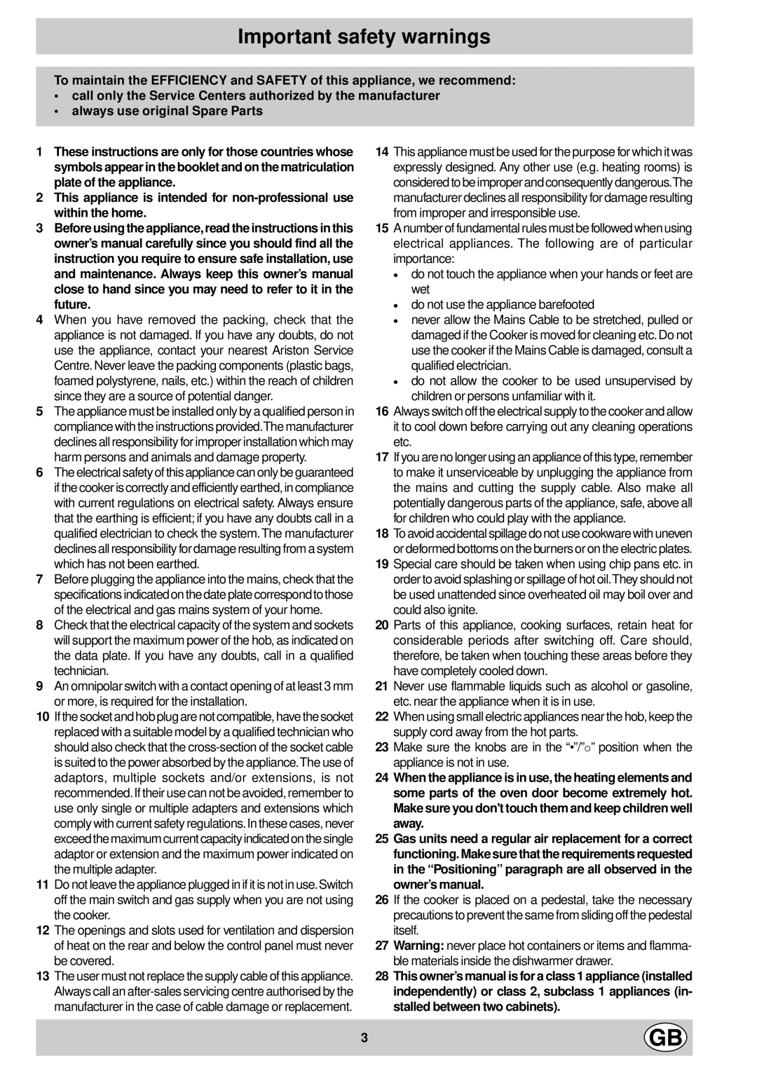 Indesit K6G210/G, K6G21/G manual Important safety warnings 