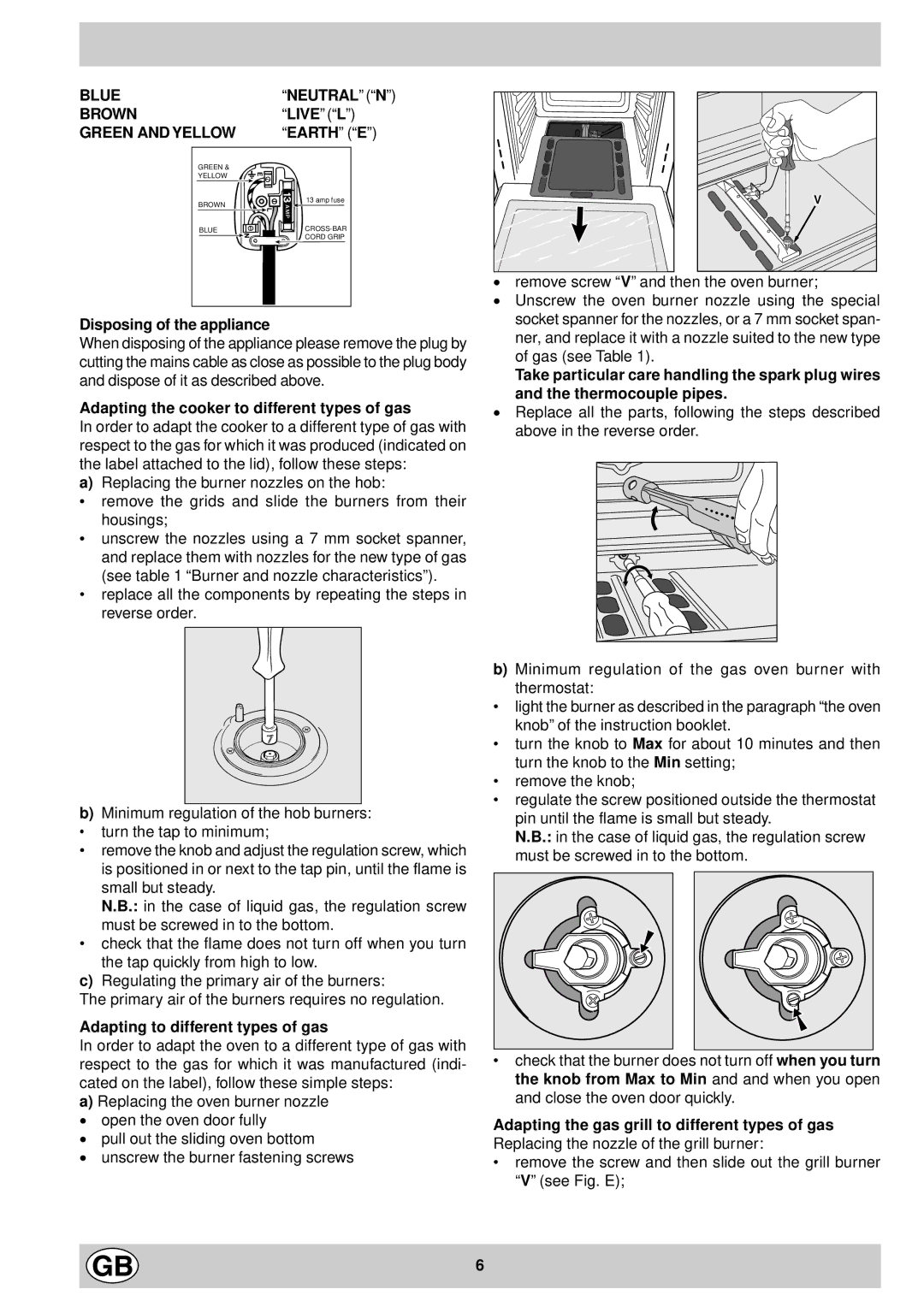 Indesit K6G21/G, K6G210/G manual Disposing of the appliance, Adapting the cooker to different types of gas 