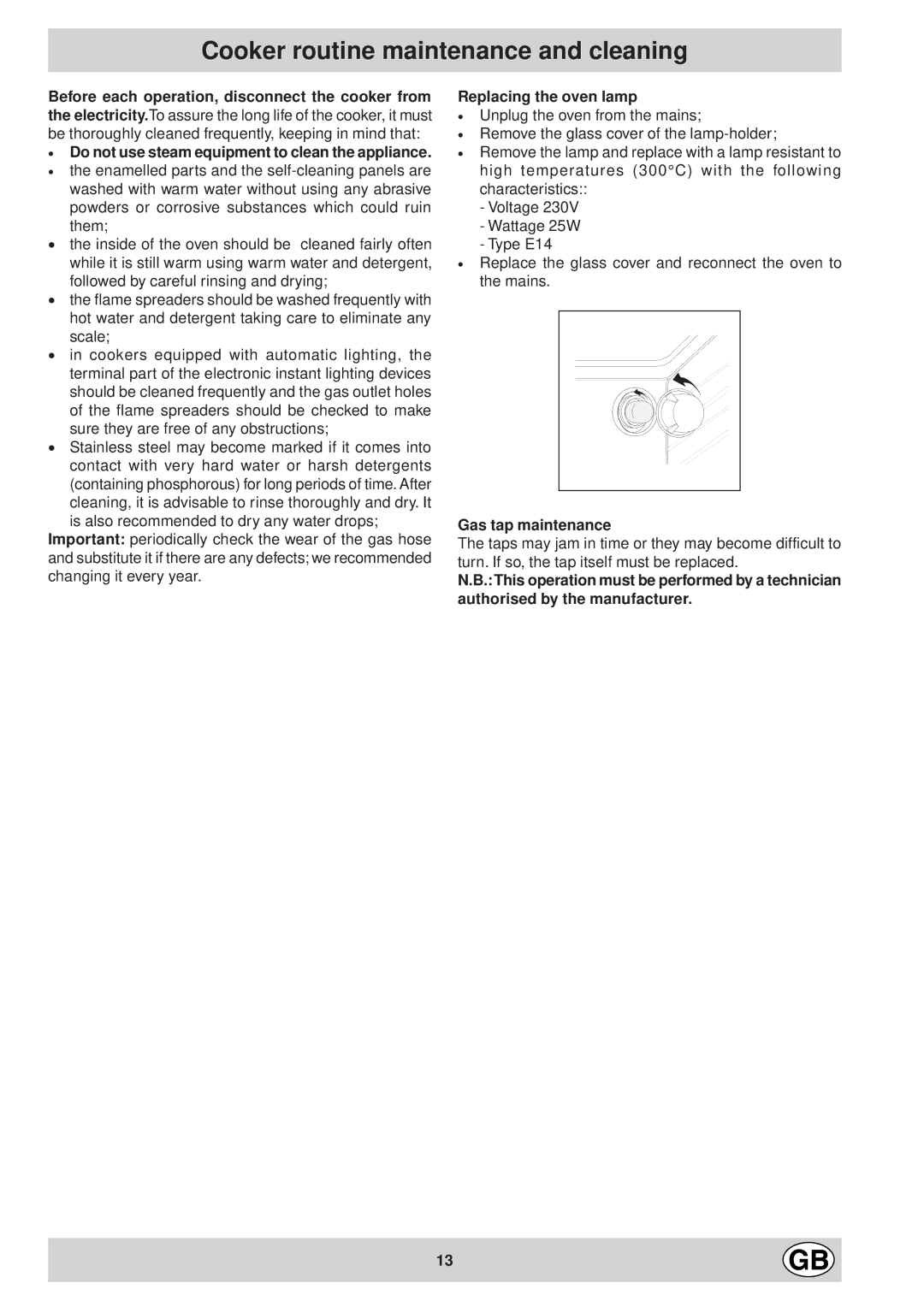 Indesit K6G32/G manual Cooker routine maintenance and cleaning, · Do not use steam equipment to clean the appliance 