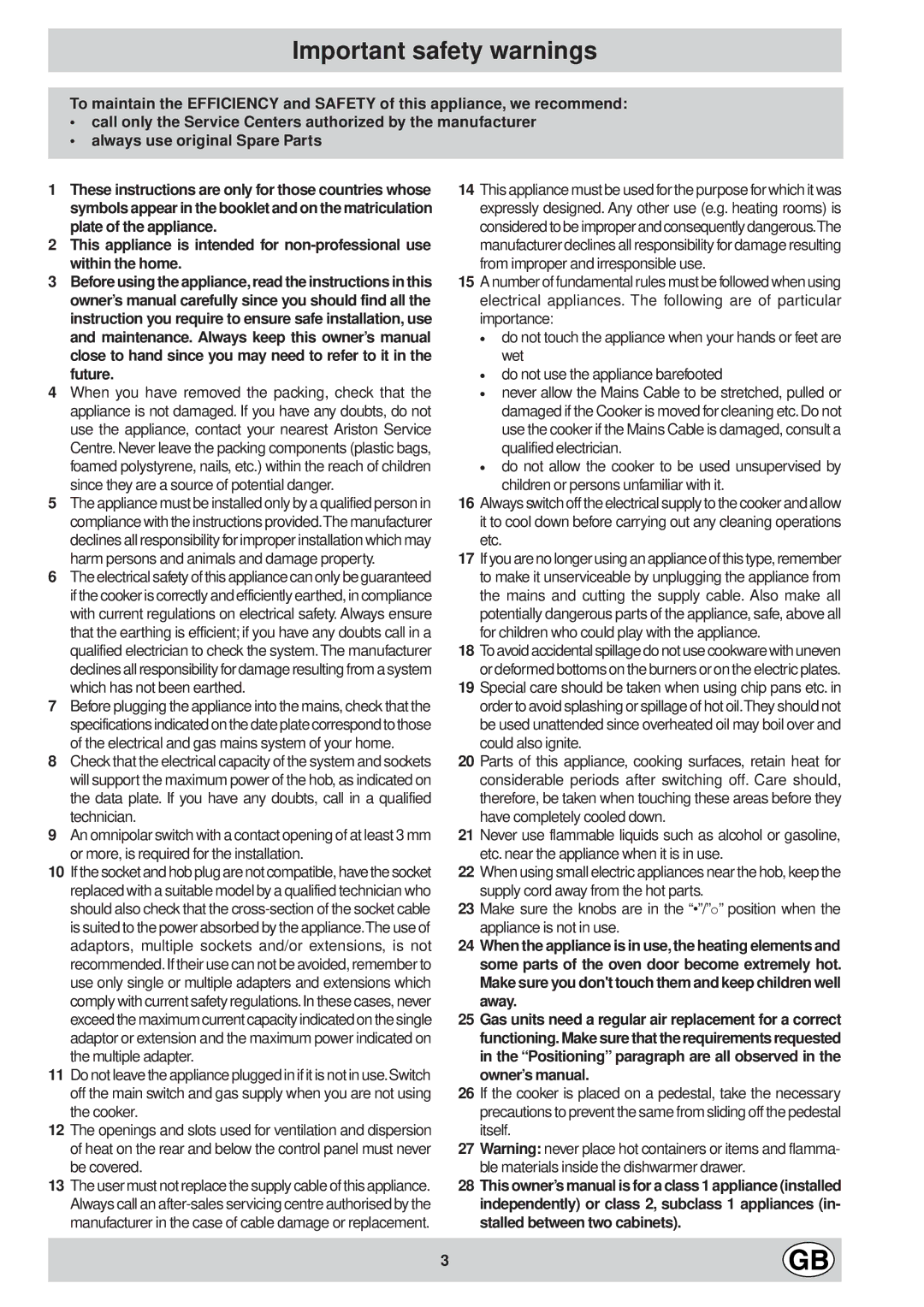 Indesit K6G32/G manual Important safety warnings 