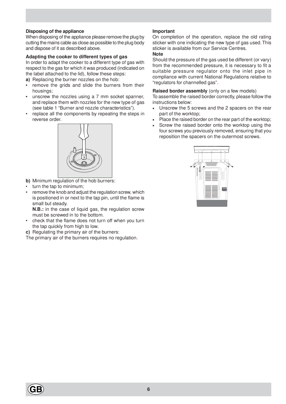 Indesit K6G32/G manual Disposing of the appliance, Adapting the cooker to different types of gas 