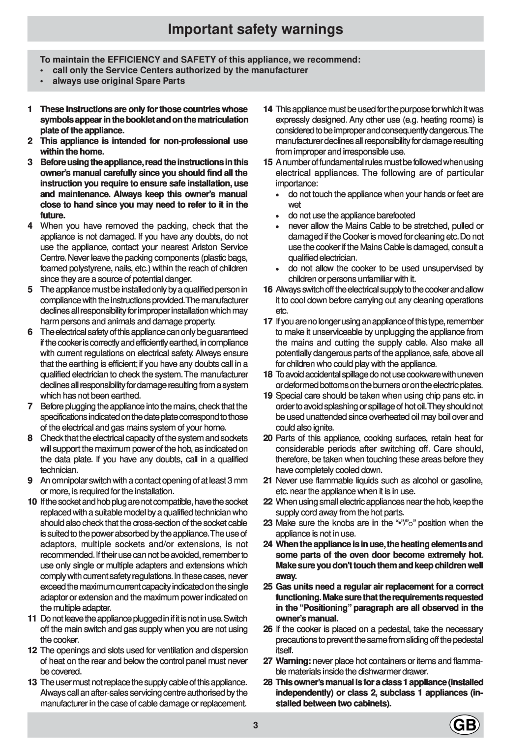 Indesit K6G32/G manual Important safety warnings 