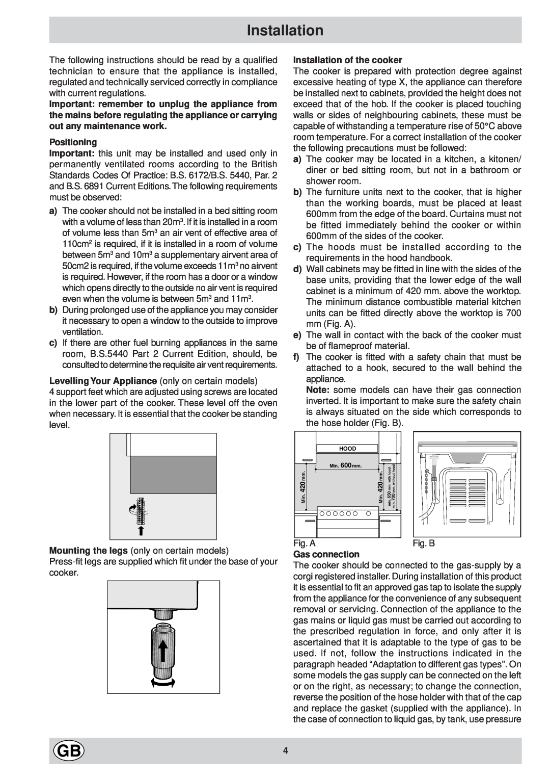Indesit K6G32/G manual Positioning, Levelling Your Appliance only on certain models, Installation of the cooker 