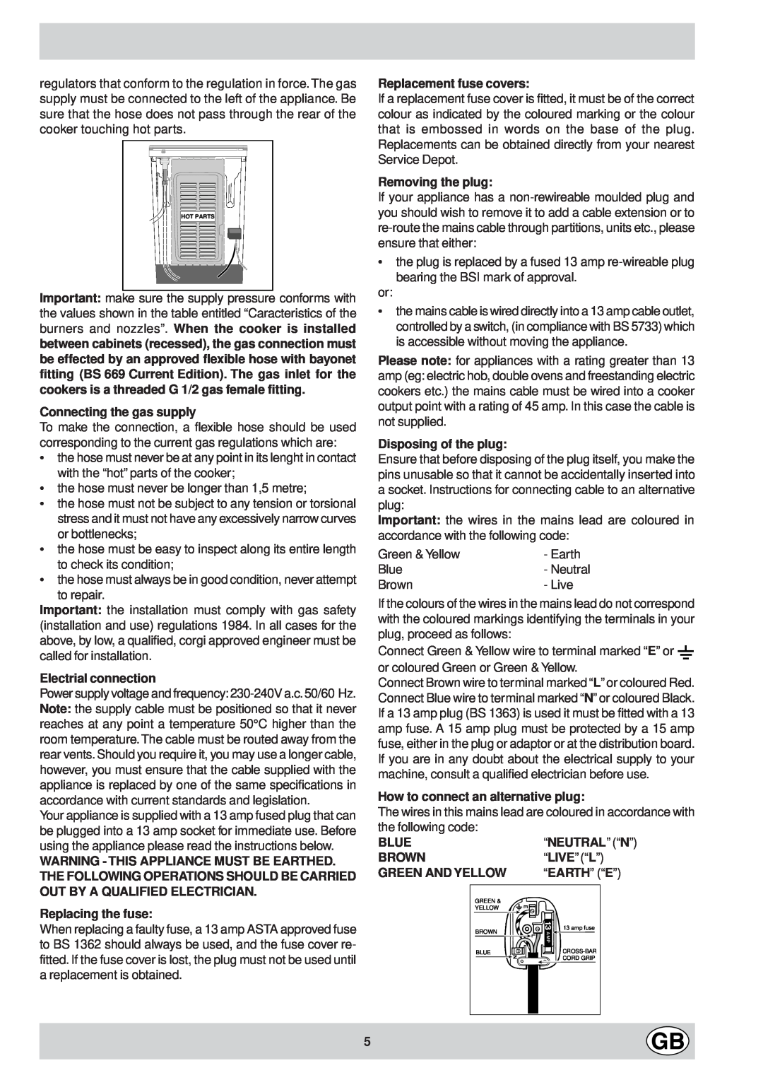 Indesit K6G32/G manual Connecting the gas supply 