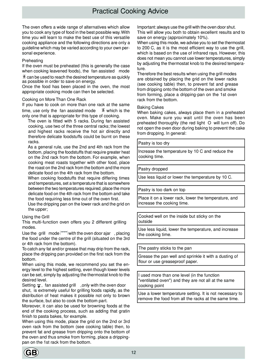 Indesit K6G52/G, K6G520/G manual Practical Cooking Advice 