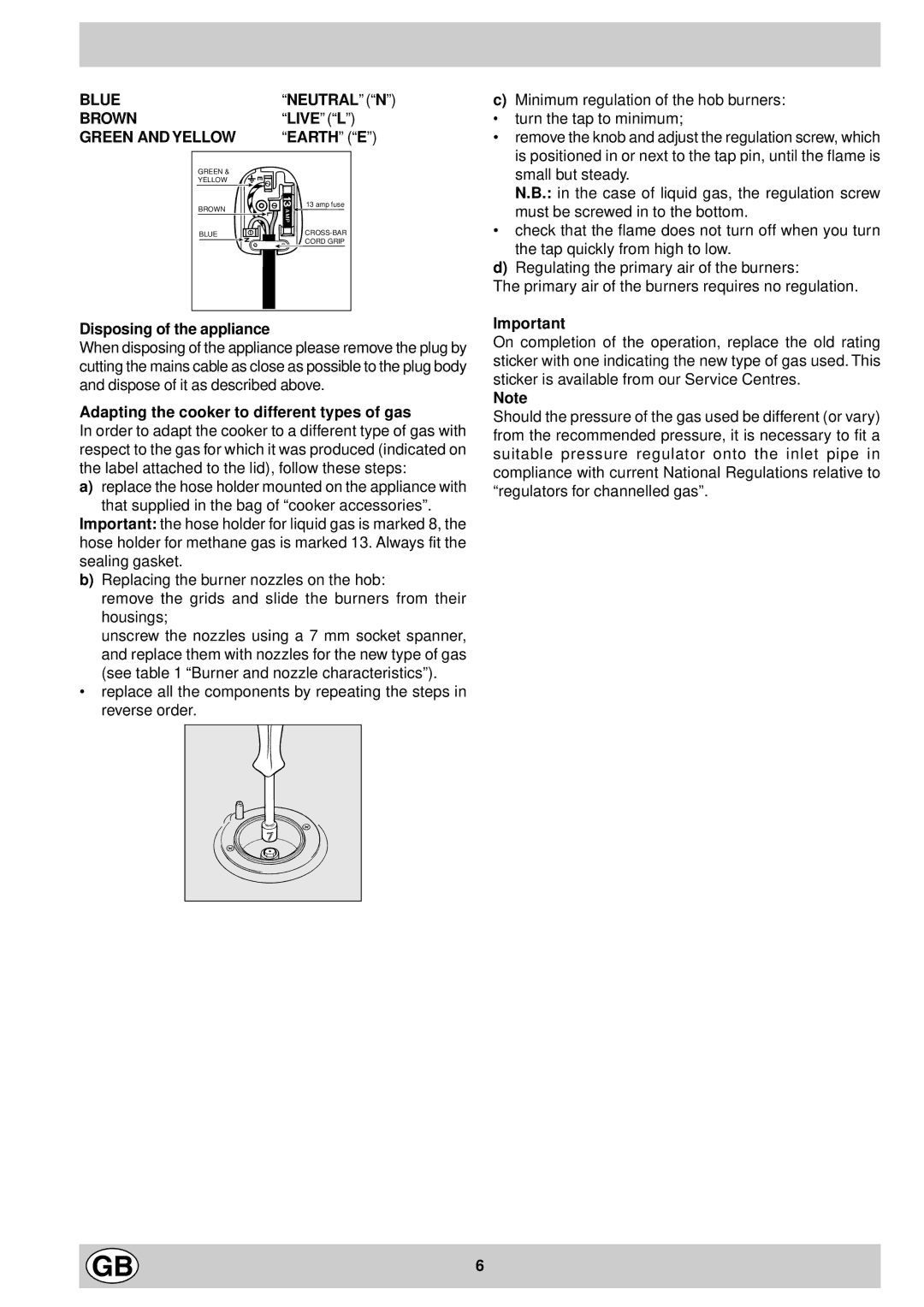 Indesit K6G52/G, K6G520/G manual Disposing of the appliance, Adapting the cooker to different types of gas 