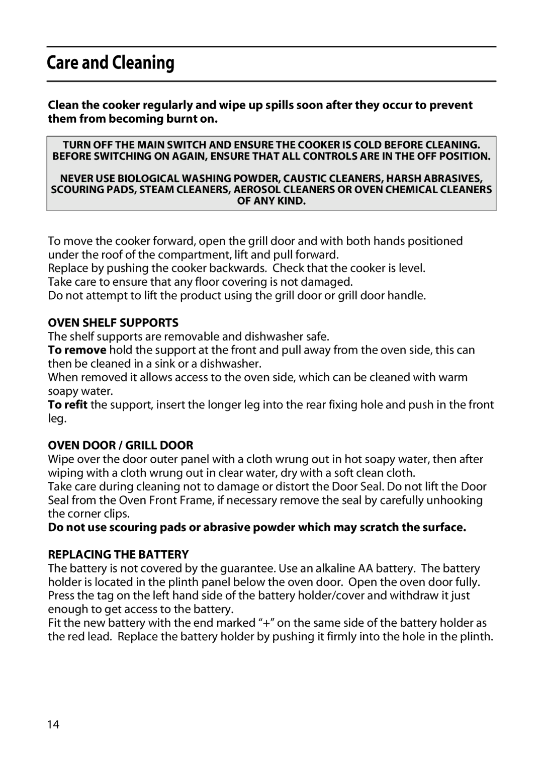 Indesit KD341GW manual Care and Cleaning, Oven Shelf Supports, Oven Door / Grill Door, Replacing the Battery 