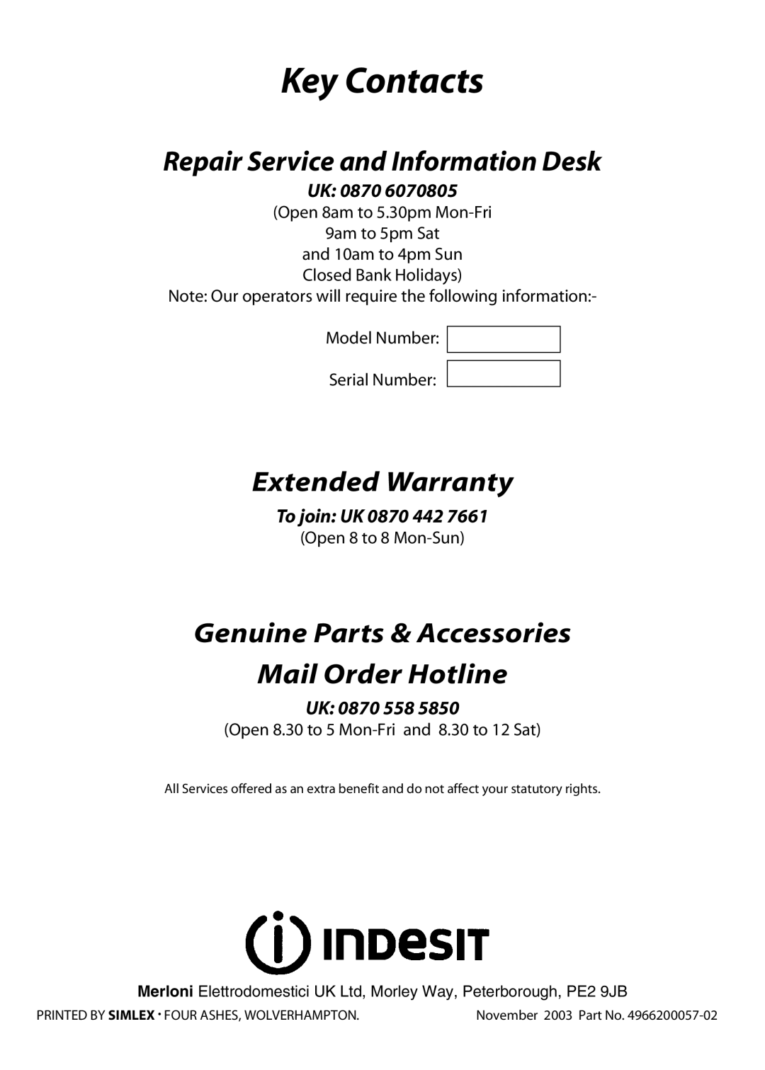 Indesit KD341GW manual Key Contacts 