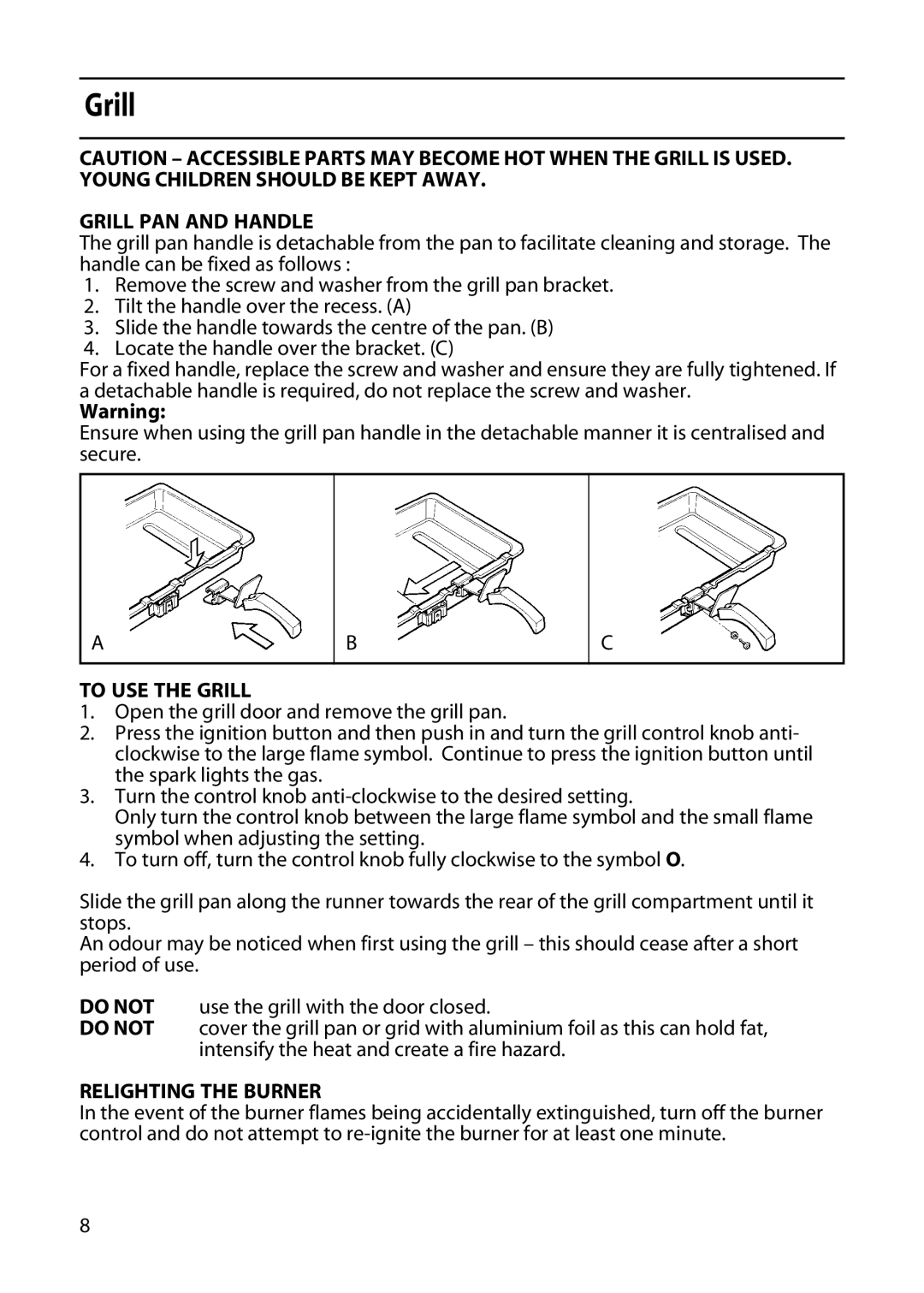 Indesit KD341GW manual Grill PAN and Handle, To USE the Grill, Relighting the Burner 