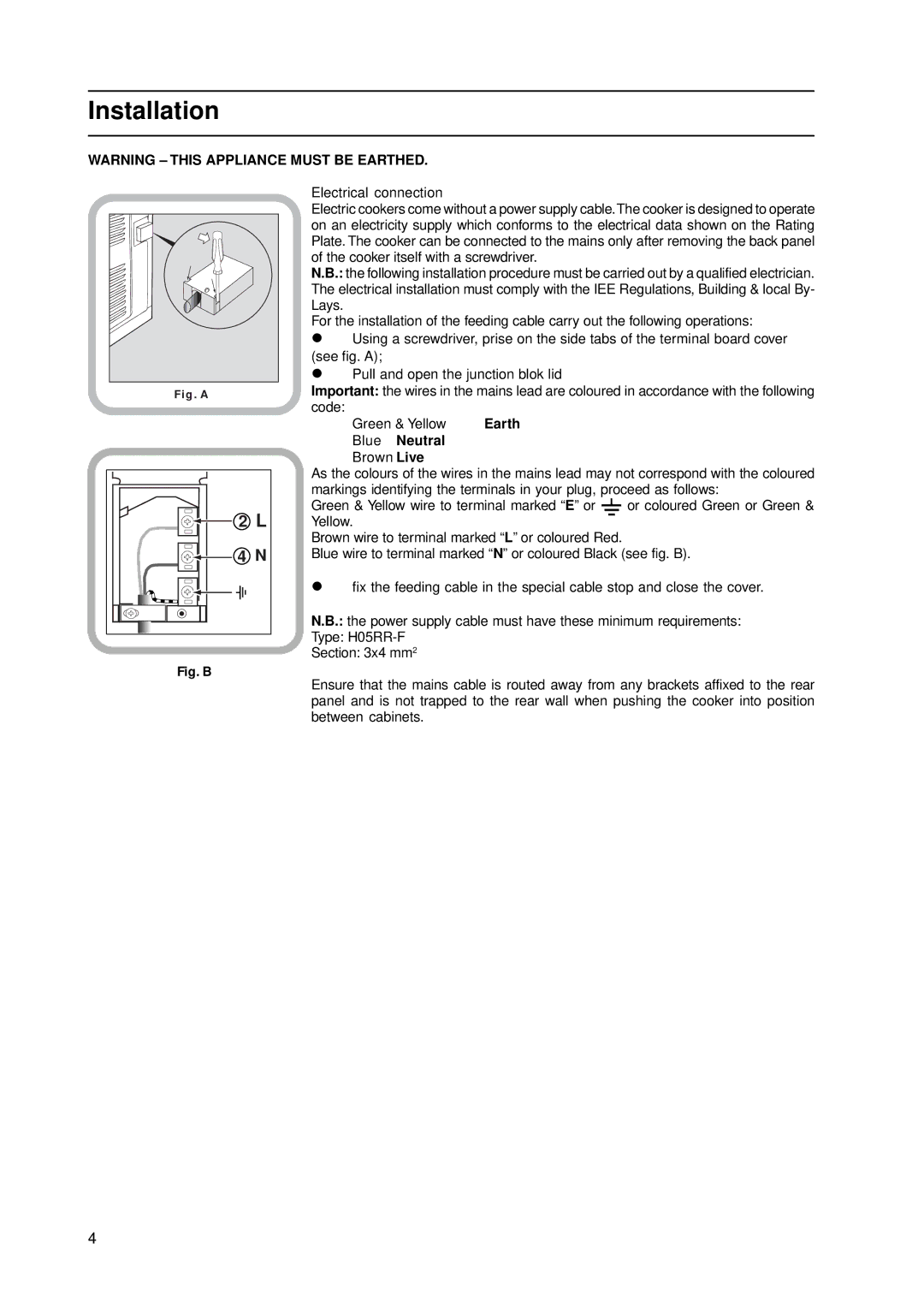 Indesit KD3C11/G manual Installation, Earth, Blue Neutral 