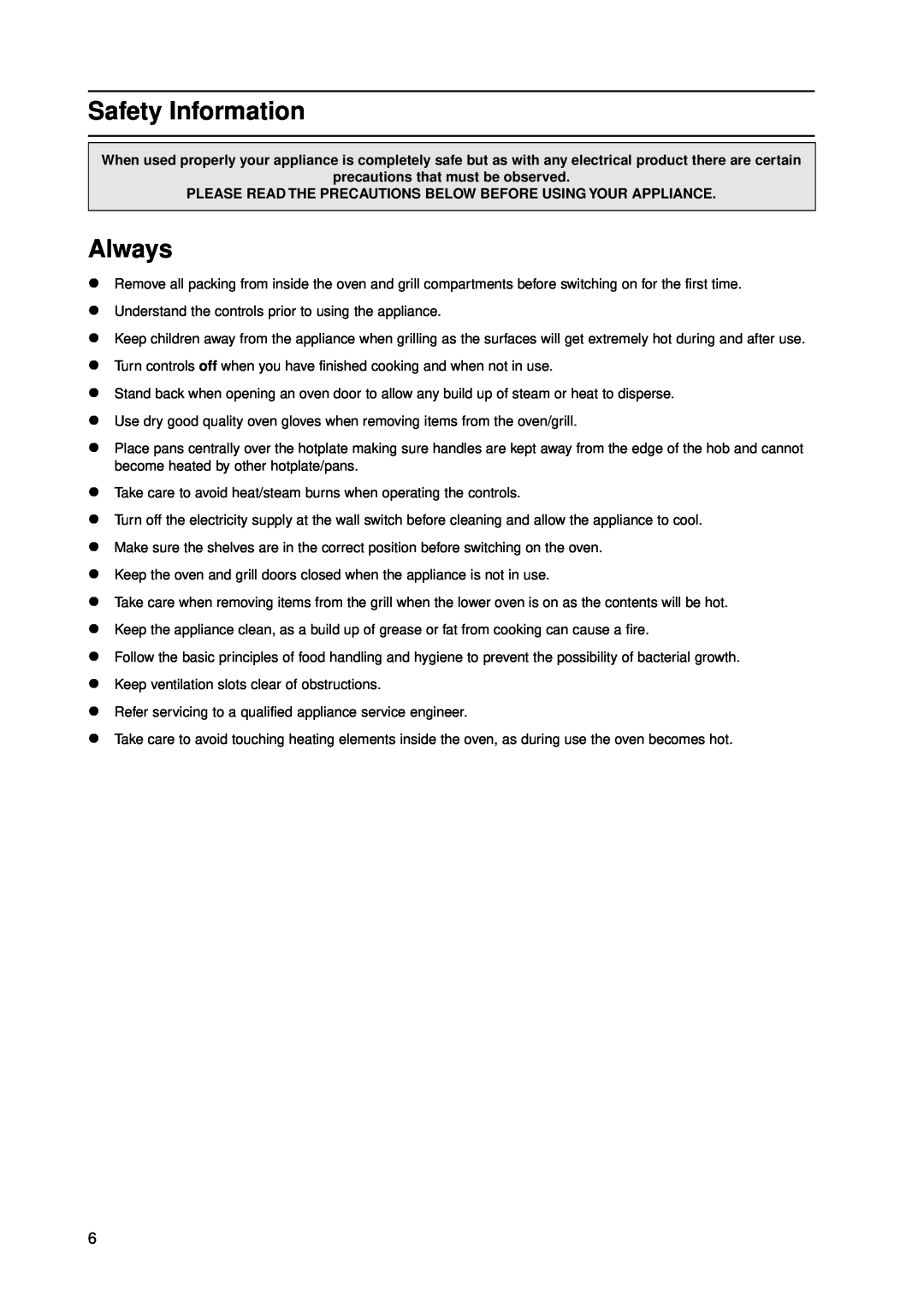 Indesit KD3C11/G manual Safety Information, Always, precautions that must be observed 