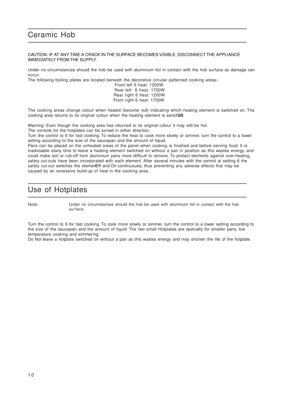 Indesit KD3C1/G, KD3C11/G manual Ceramic Hob, Use of Hotplates 