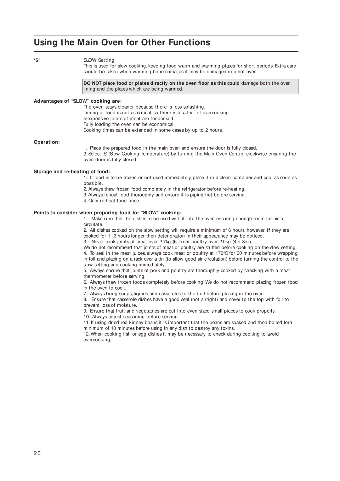 Indesit KD3C1/G, KD3C11/G manual Using the Main Oven for Other Functions 