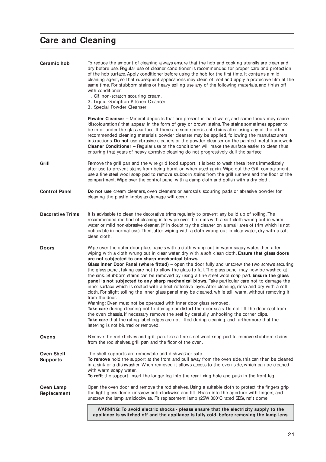 Indesit KD3C11/G, KD3C1/G manual Care and Cleaning 