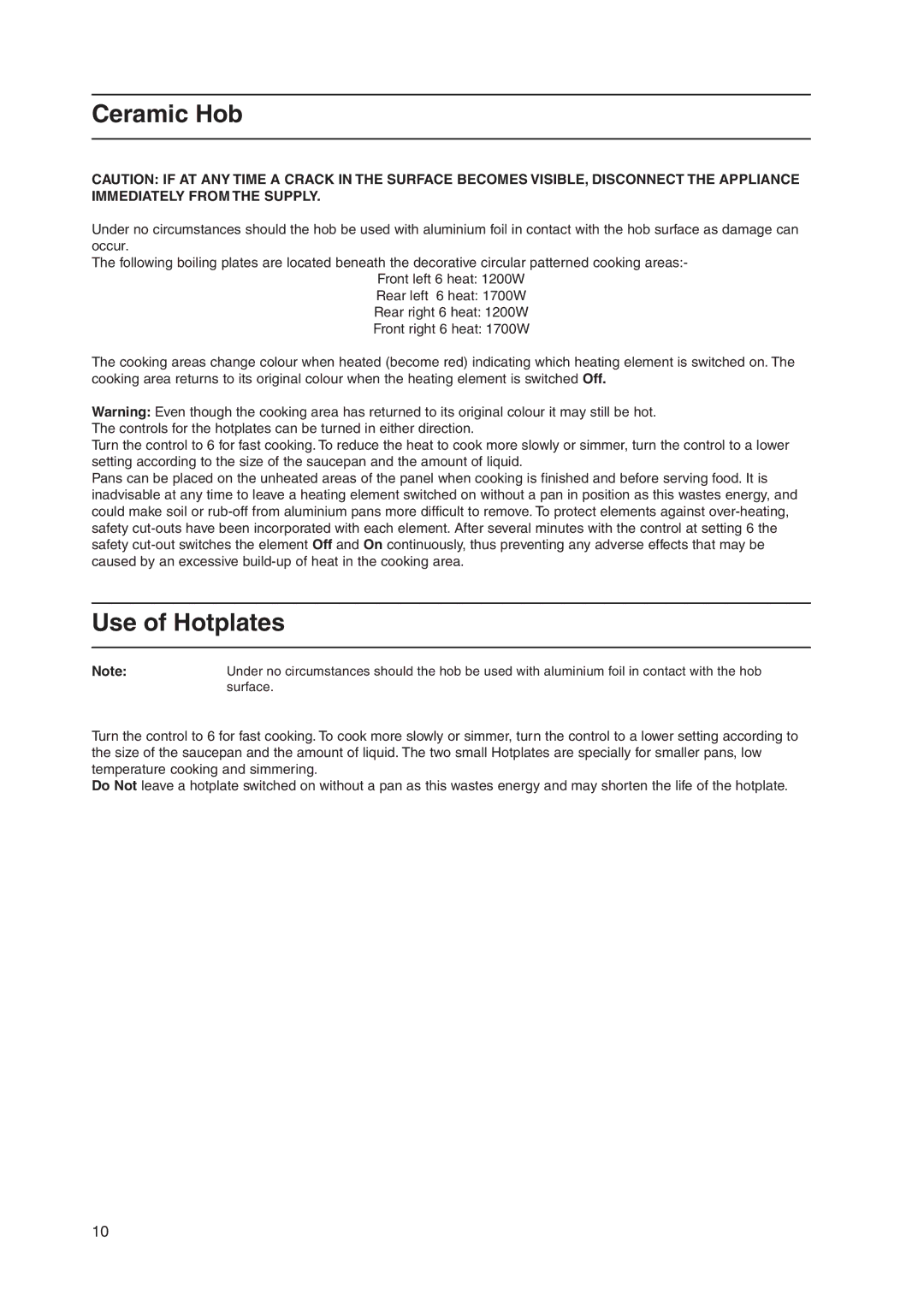 Indesit KD3C1/G manual Ceramic Hob, Use of Hotplates 