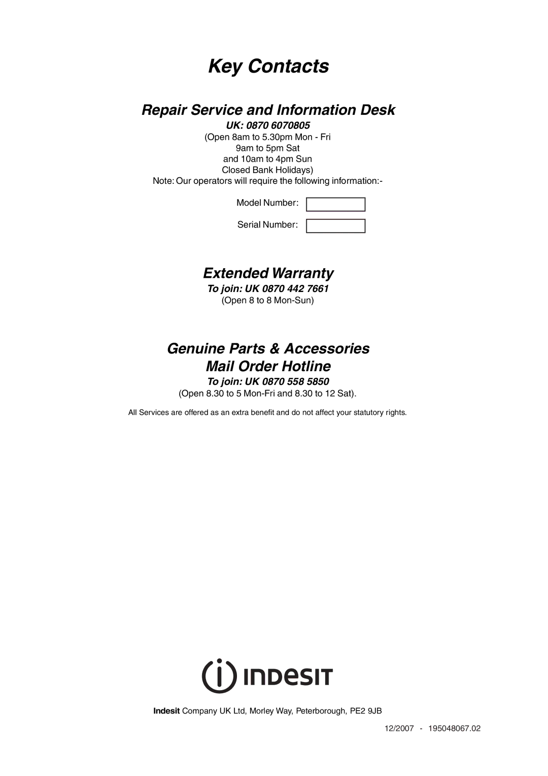 Indesit KD3C1/G manual Key Contacts 