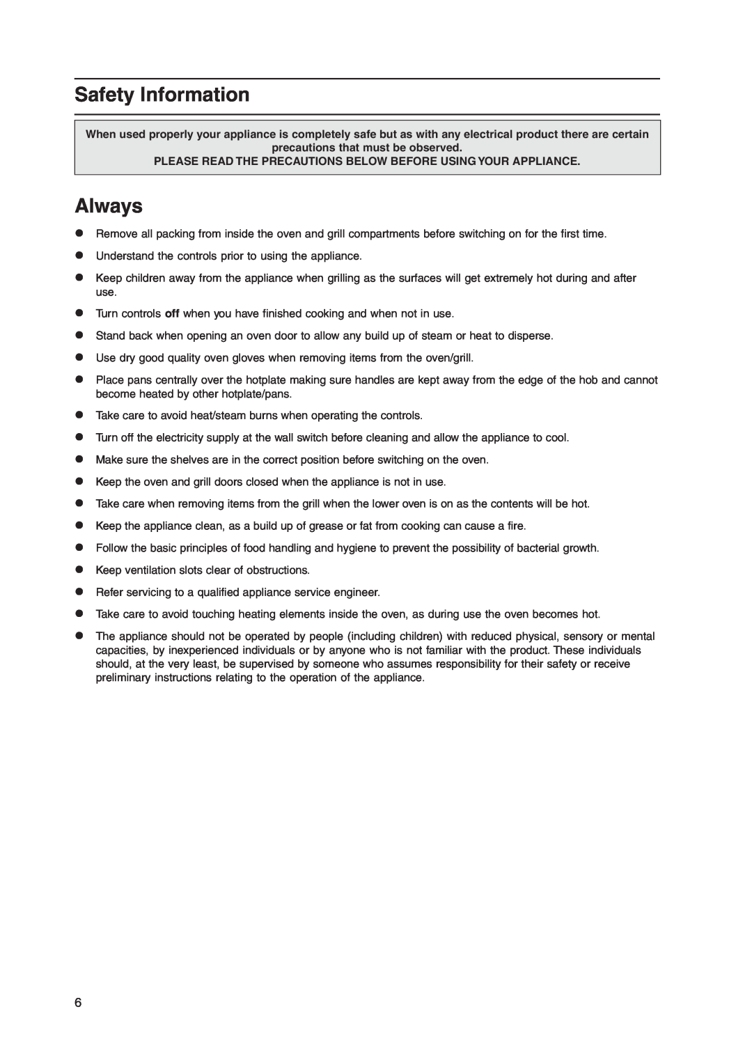 Indesit KD3C1/G manual Safety Information, Always, precautions that must be observed 