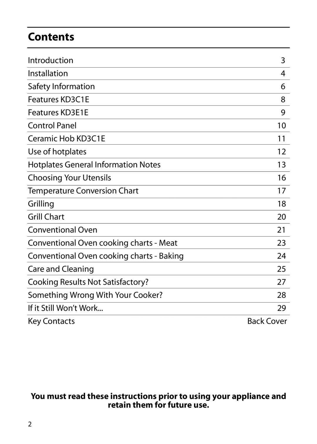 Indesit KD3E1E, KD3C1E manual Contents 