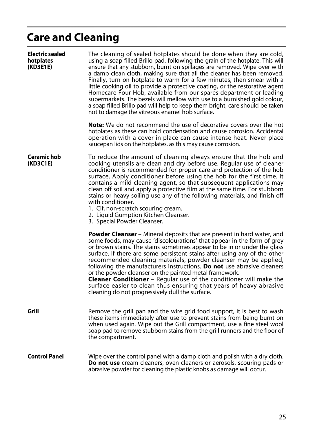 Indesit KD3C1E, KD3E1E manual Care and Cleaning 