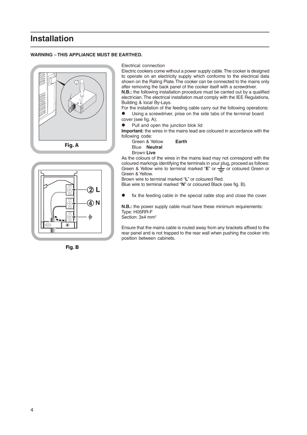 Indesit KD3E1/IR, KD3E1/G, KD3E11/G manual Installation, Earth, Blue Neutral 