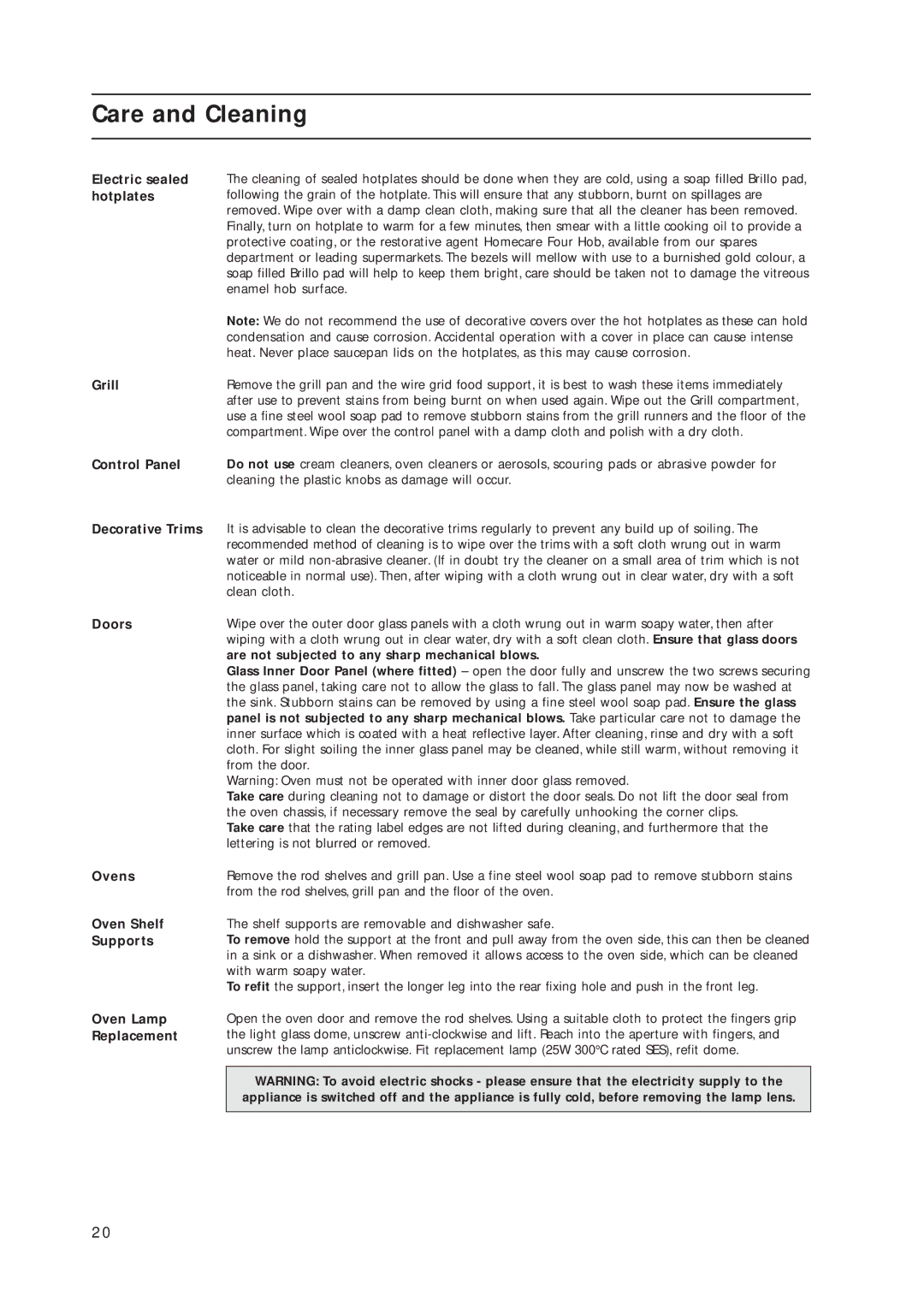 Indesit KD3E11/G, KD3E1/G, KD3E1/IR manual Care and Cleaning 