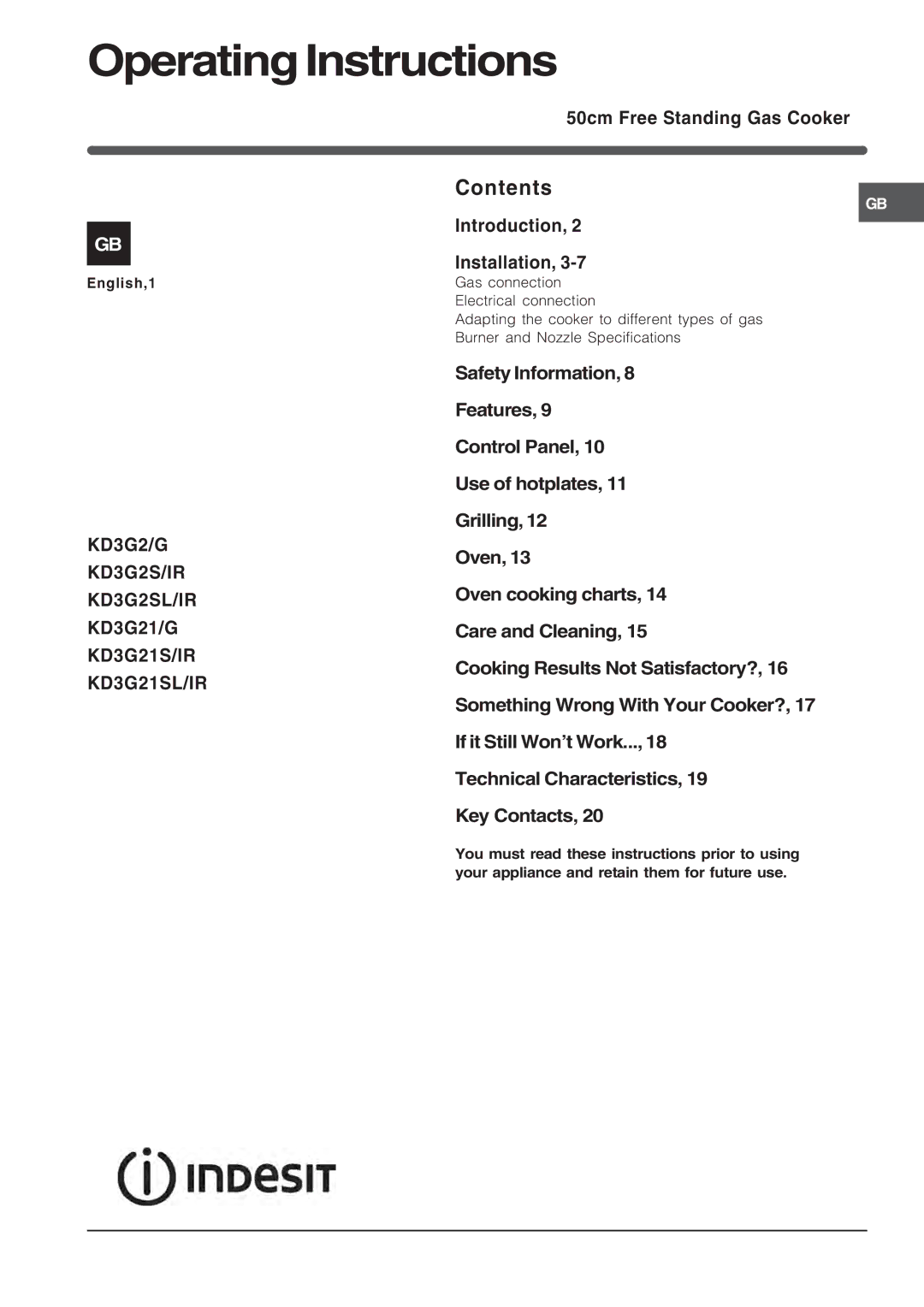 Indesit KD3G specifications Operating Instructions, Contents 