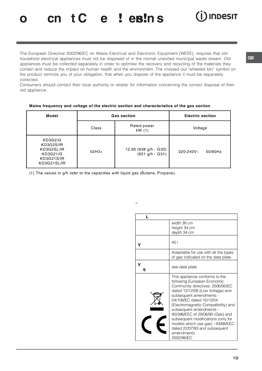 Indesit KD3G specifications Technical Characteristics, Table of Characteristsics 