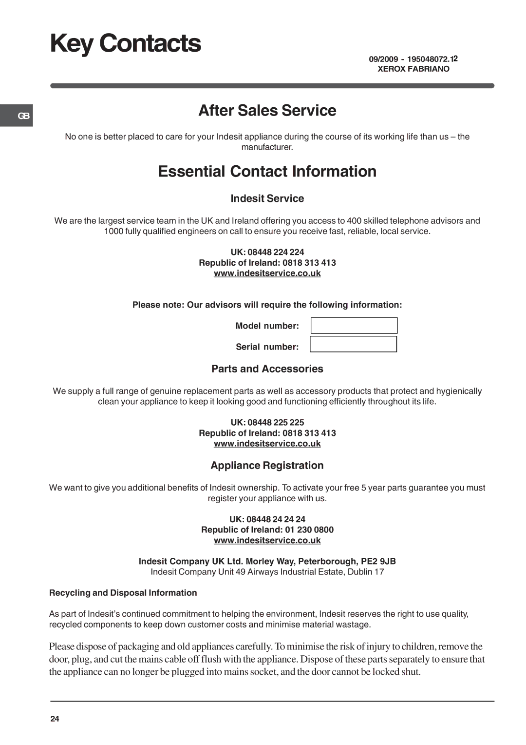 Indesit KD3G specifications Key Contacts, After Sales Service 