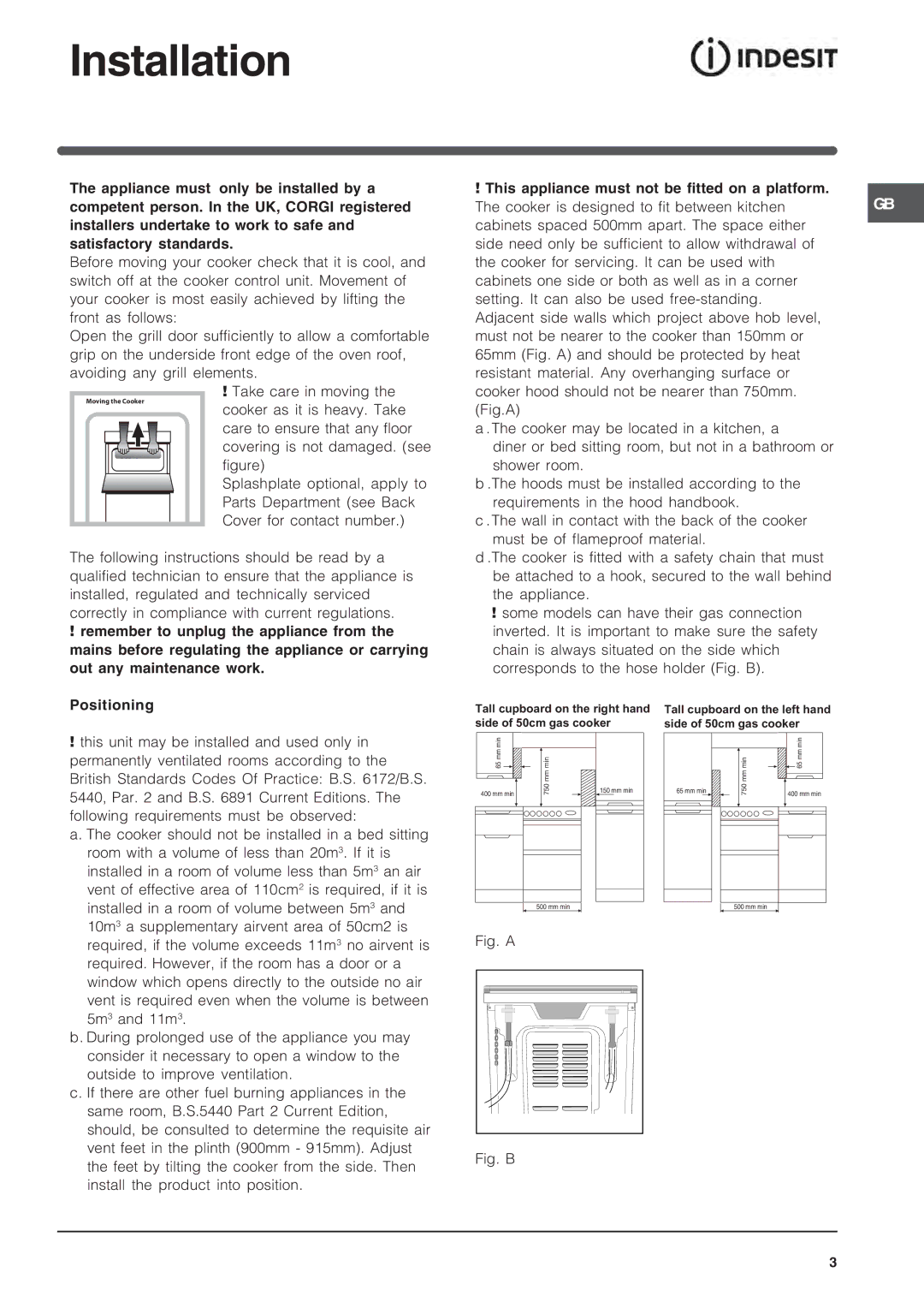 Indesit KD3G specifications Installation, Fig. a 