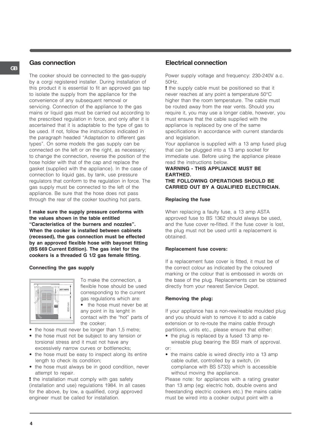 Indesit KD3G specifications Gas connection, Electrical connection 