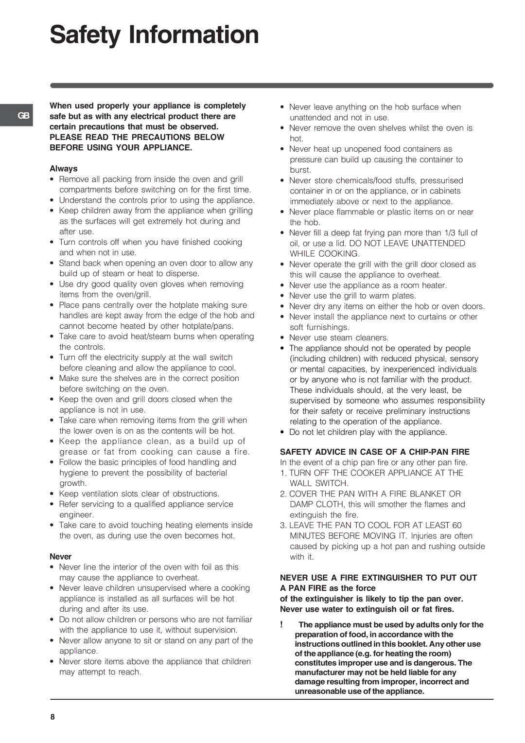 Indesit KD3G specifications Safety Information, Turn OFF the Cooker Appliance AT the Wall Switch 