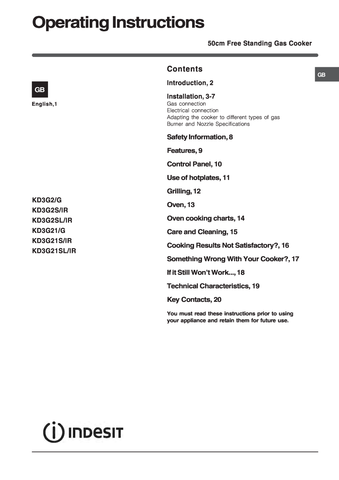 Indesit KD3G specifications Operating Instructions, Contents 