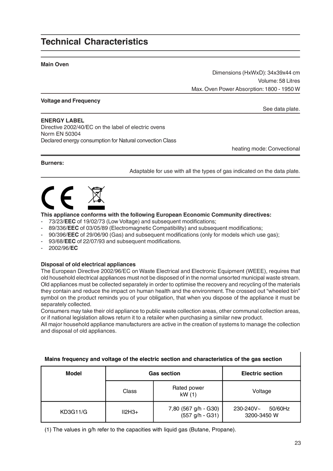 Indesit KD3G11/G manual Technical Characteristics, Main Oven, Voltage and Frequency, Burners 