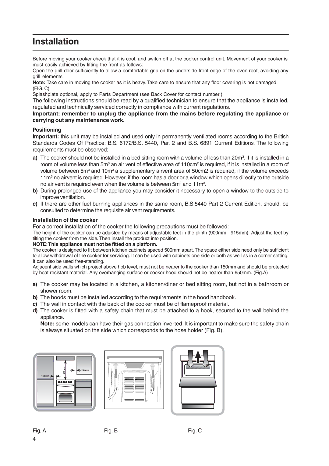 Indesit KD3G11/G manual Installation of the cooker 