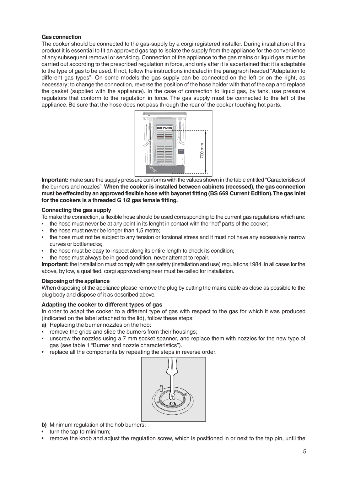 Indesit KD3G11/G manual Gas connection, Connecting the gas supply, Disposing of the appliance 