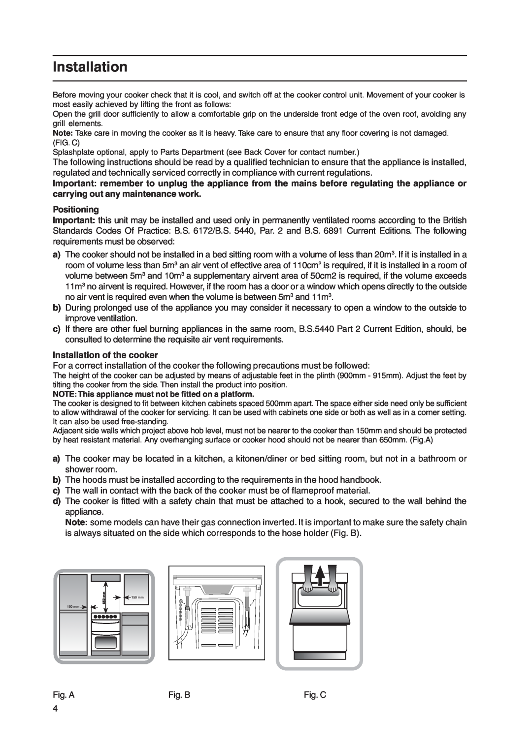 Indesit KD3G11/G manual Positioning, Installation of the cooker 