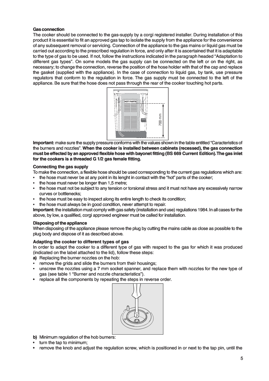 Indesit KD3G11/G manual Gas connection, Connecting the gas supply, Disposing of the appliance 