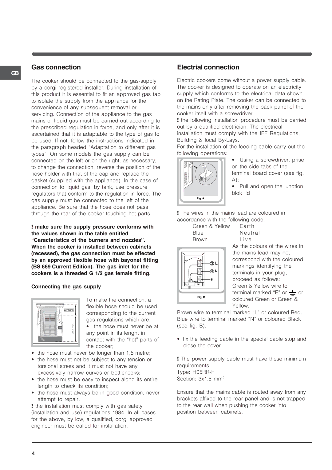 Indesit KD3G11S/G manual Gas connection, Electrial connection 