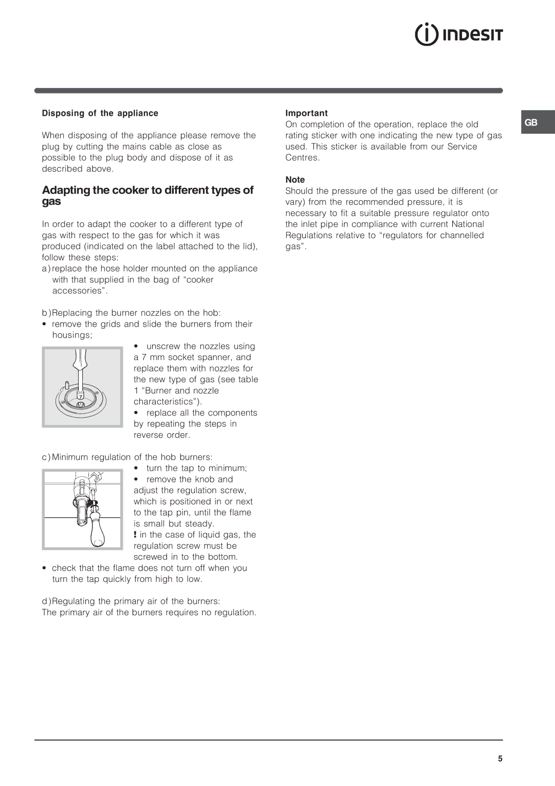 Indesit KD3G11S/G manual Adapting the cooker to different types of gas 