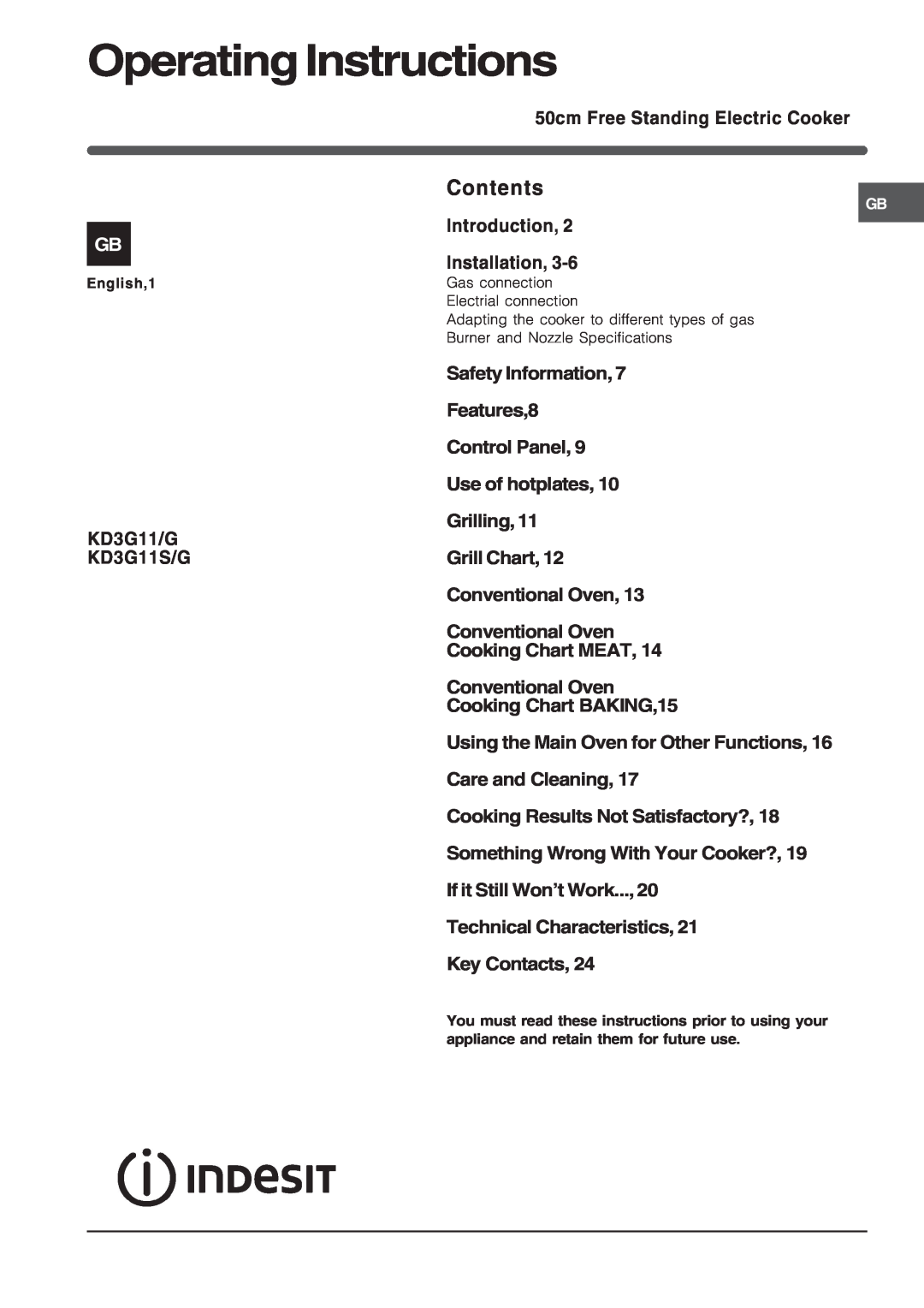 Indesit KD3G11S/G manual Operating Instructions, Contents 