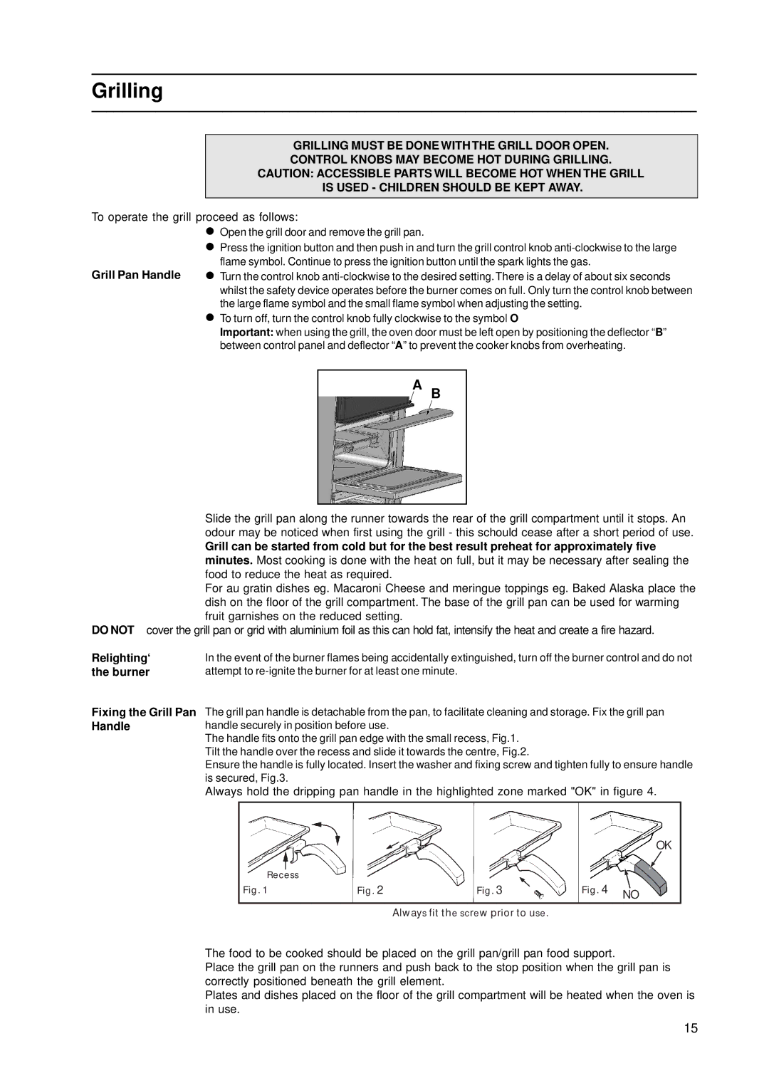 Indesit KD3G2/G, KD3G21/G manual Grilling, Relighting‘, Burner, Handle 