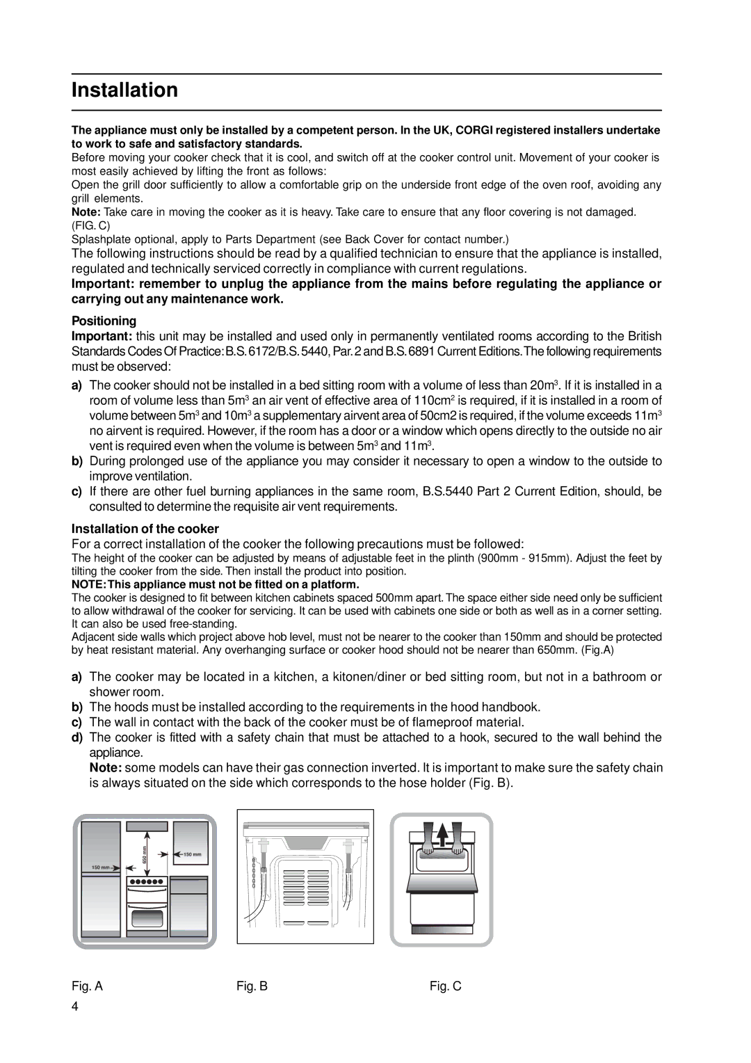 Indesit KD3G21/G, KD3G2/G manual Installation of the cooker 