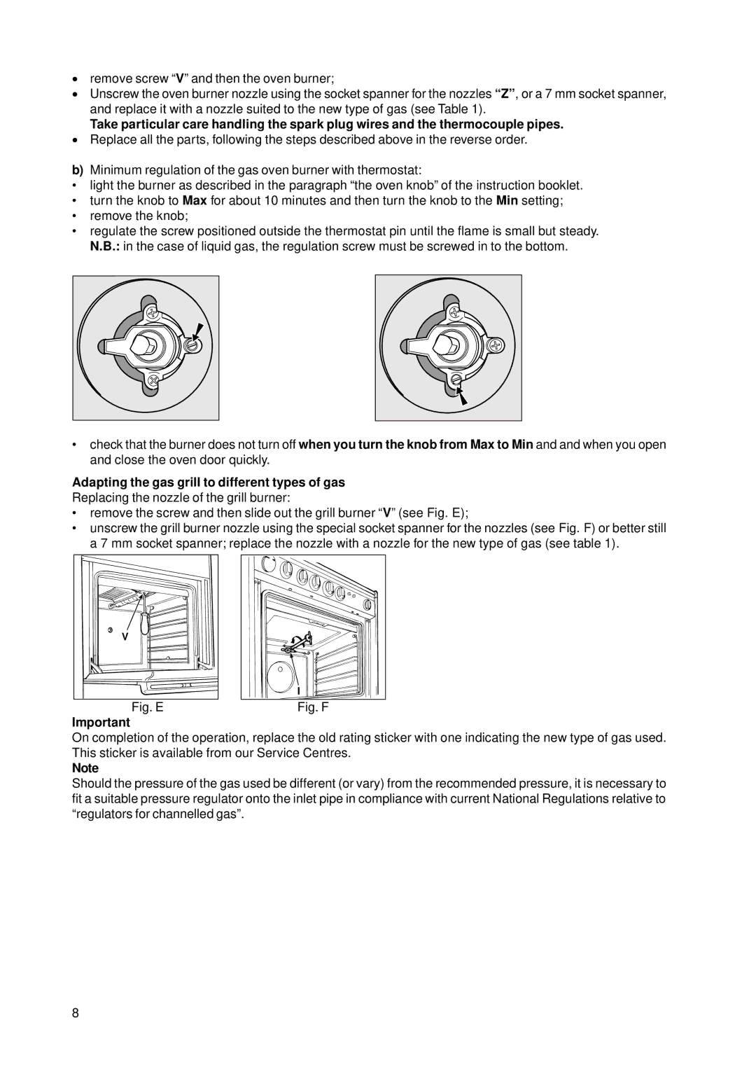 Indesit KD3G21/G, KD3G2/G manual Adapting the gas grill to different types of gas, Fig. E 