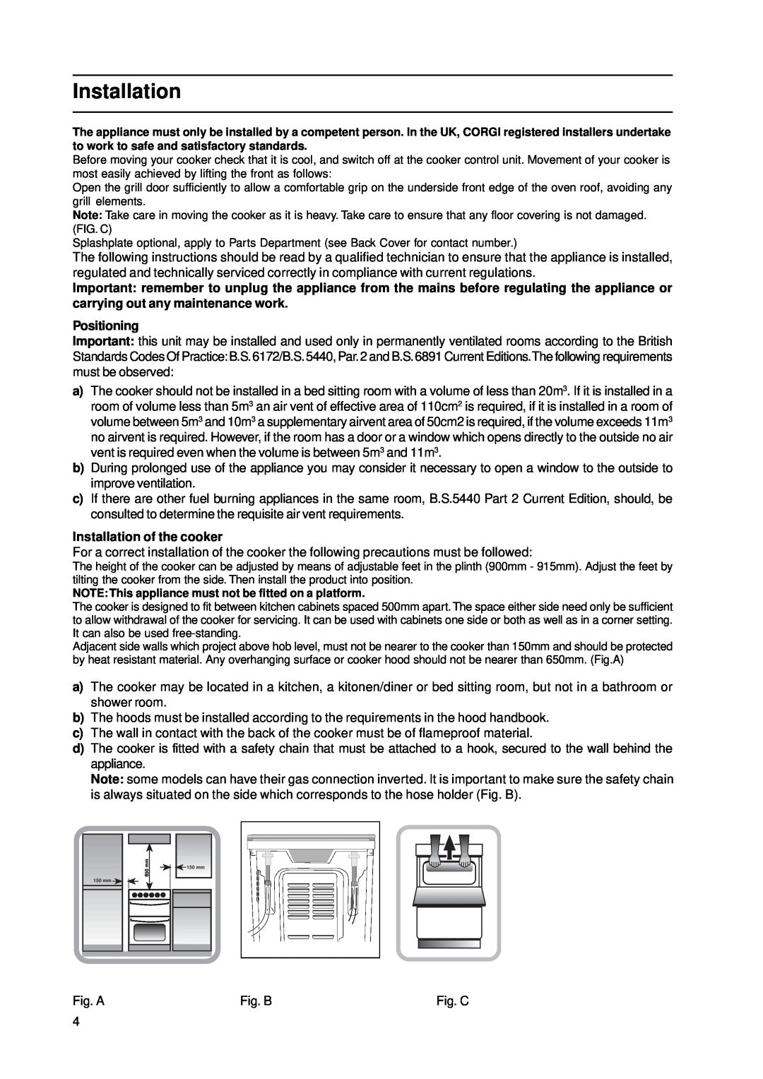 Indesit KD3G21/G, KD3G2/G manual Positioning, Installation of the cooker 