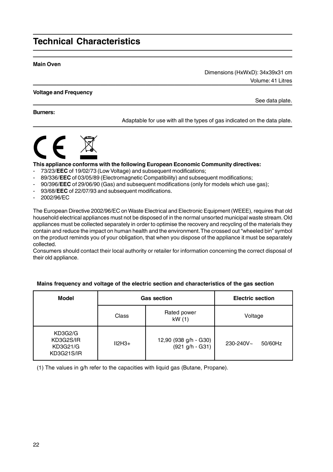 Indesit KD3G21S/IR, KD3G2S/IR manual Technical Characteristics, Main Oven, Voltage and Frequency, Burners 